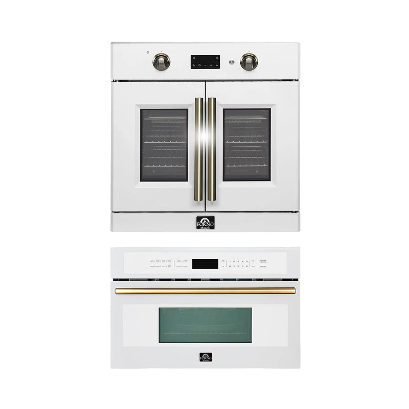 White oven and microwave combo stack, brass handles, oven window and microwave control panel