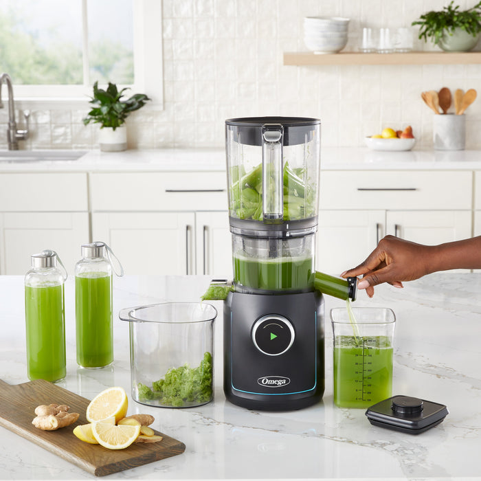Omega OMSMBTBK13 180W Ultimate Performance Batch Juicer with IntelliDial Technology & 64oz Hopper
