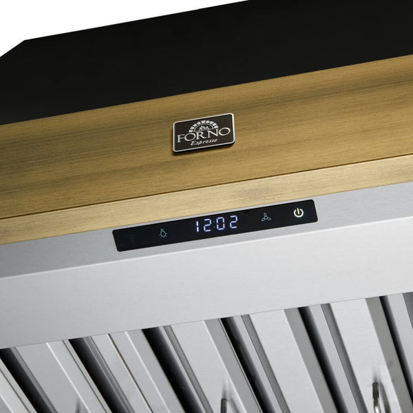 FORNO Espresso 36" 600 CFM Wall Mount Range Hood in Black and Antique Brass Trim with Remote Control, FRHWM5078-36BLK FORNO