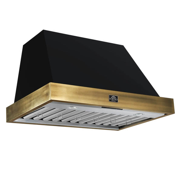 FORNO Espresso 36" 600 CFM Wall Mount Range Hood in Black and Antique Brass Trim with Remote Control, FRHWM5078-36BLK FORNO