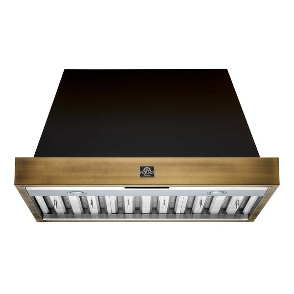 FORNO Espresso 36" 600 CFM Wall Mount Range Hood in Black and Antique Brass Trim with Remote Control, FRHWM5078-36BLK FORNO