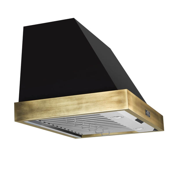 FORNO Espresso 36" 600 CFM Wall Mount Range Hood in Black and Antique Brass Trim with Remote Control, FRHWM5078-36BLK FORNO