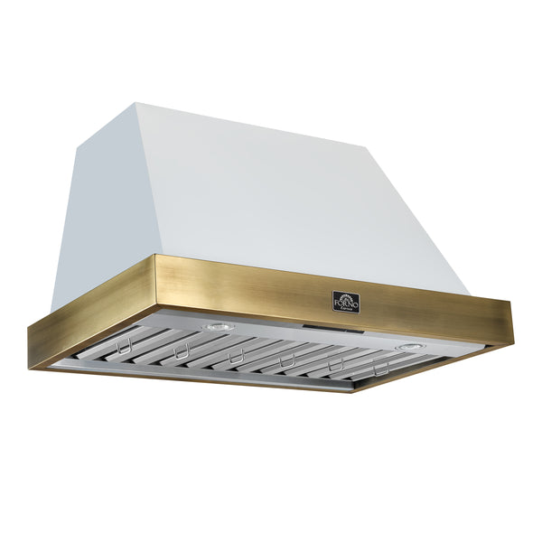 FORNO Espresso 36" 600 CFM Wall Mount Range Hood in White and Antique Brass Trim with Remote Control, FRHWM5078-36WHT FORNO