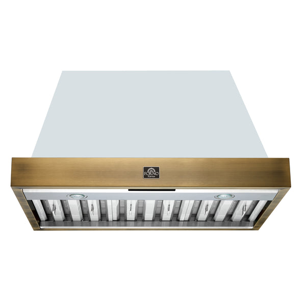 FORNO Espresso 36" 600 CFM Wall Mount Range Hood in White and Antique Brass Trim with Remote Control, FRHWM5078-36WHT FORNO