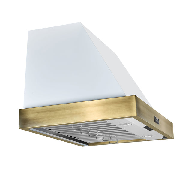FORNO Espresso 36" 600 CFM Wall Mount Range Hood in White and Antique Brass Trim with Remote Control, FRHWM5078-36WHT FORNO