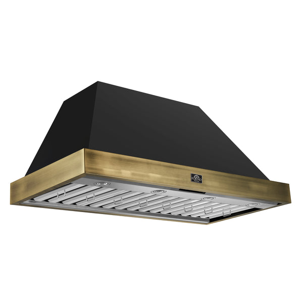 FORNO Espresso 48" 600 CFM Wall Mount Range Hood in Black and Antique Brass Trim with Remote Control, FRHWM5078-48BLK FORNO