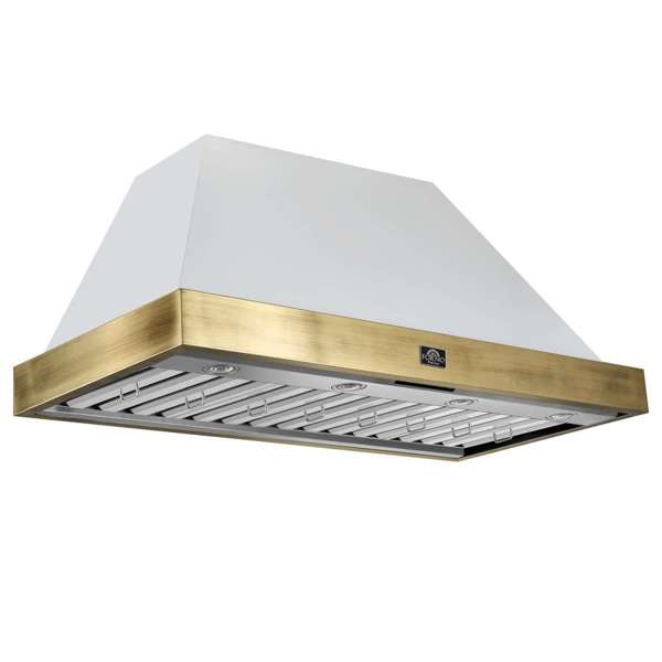 FORNO Espresso 48" 600 CFM Wall Mount Range Hood in White and Antique Brass Trim with Remote Control, FRHWM5078-48WHT FORNO