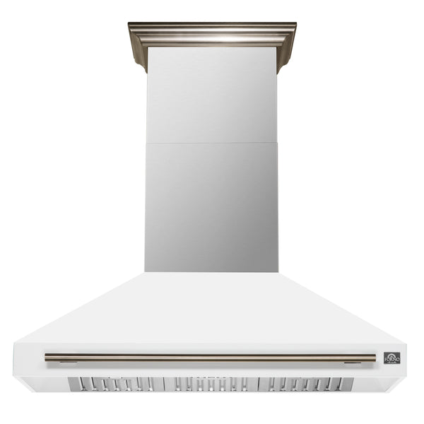 FORNO Aria 48" 1200 CFM Convertible Wall Mount Range Hood with White Hood and Antique Brass Accents, FRHWM5095-48WHT FORNO