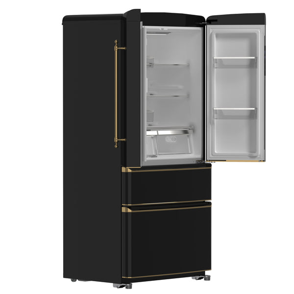 FORNO Luigi 18 cu.ft. French Door Refrigerator Black, Antique Brass Handles, FFFFD1791-33BLK FORNO