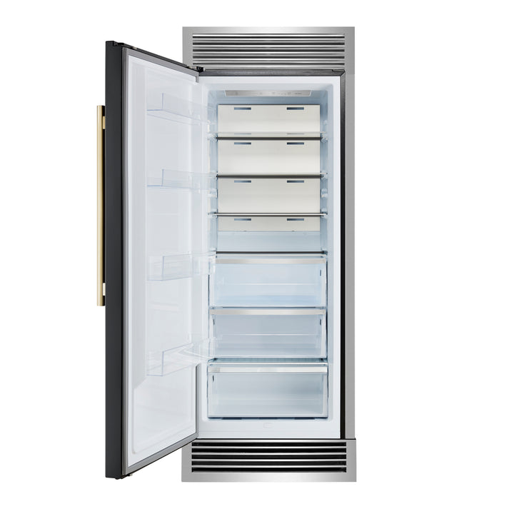FORNO Maderno 32" 13.6 cu.ft. Left Swing Built-In Convertible Refrigerator/Freezer in Black with Antique Brass Handle and Grill Trim- FFFFD1722-32LSG-BLK FORNO