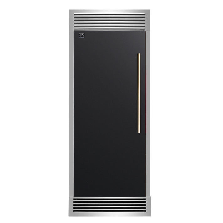 FORNO Maderno 32" 13.6 cu.ft. Left Swing Built-In Convertible Refrigerator/Freezer in Black with Antique Brass Handle and Grill Trim- FFFFD1722-32LSG-BLK FORNO