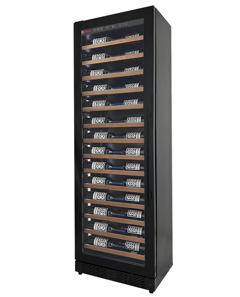 Reserva Series 67 Bottle 71" Tall Single Zone Left Hinge Black Shallow Wine Refrigerator with Wood Front Shelves Allavino