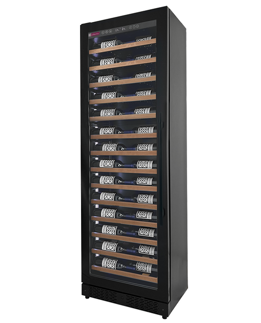 Reserva Series 67 Bottle 71" Tall Single Zone Left Hinge Black Shallow Wine Refrigerator with Wood Front Shelves Allavino