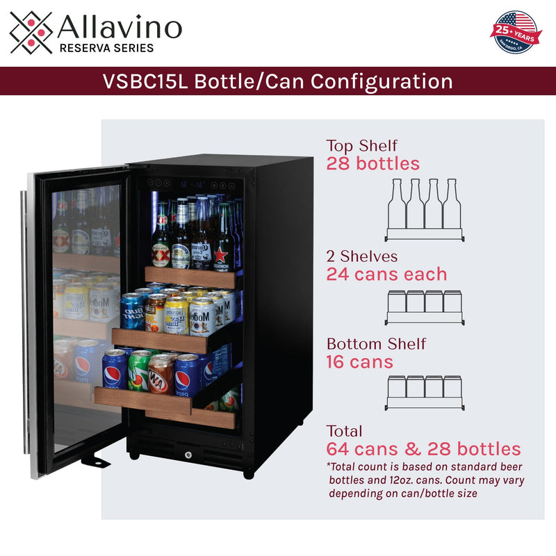 15" Wide Reserva Series Stainless Steel Left Hinge Beverage Center Allavino