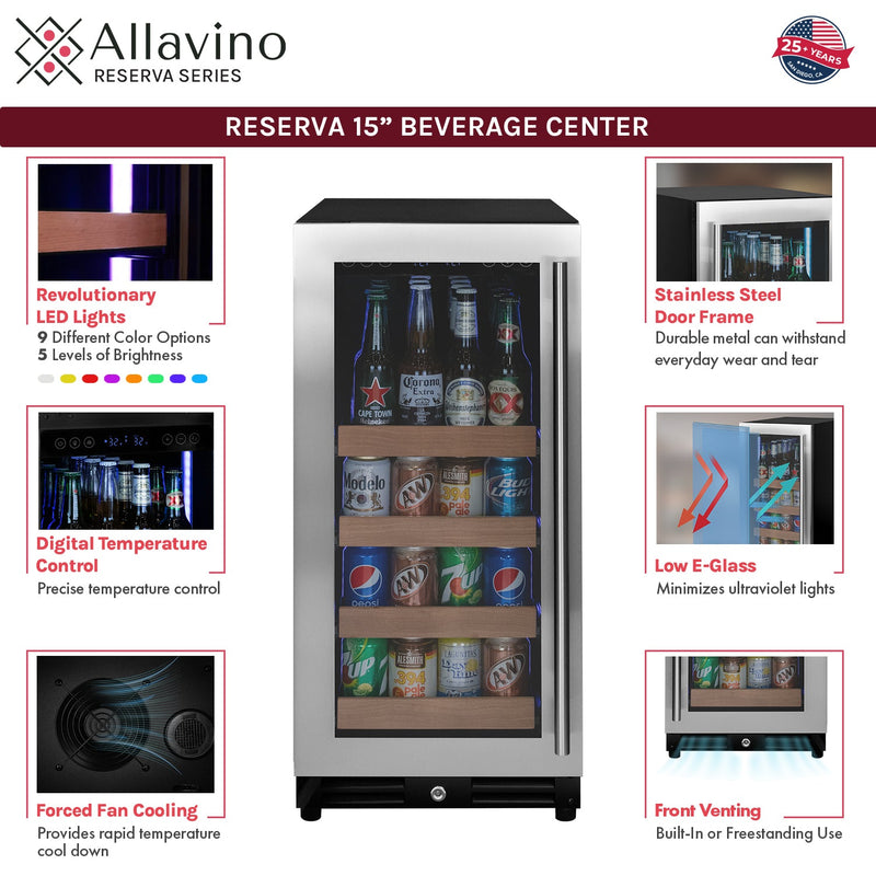 15" Wide Reserva Series Stainless Steel Left Hinge Beverage Center Allavino