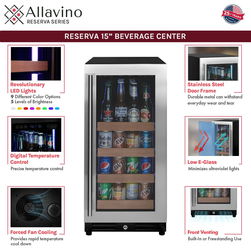 15" Wide Reserva Series Stainless Steel Right Hinge Beverage Center Allavino