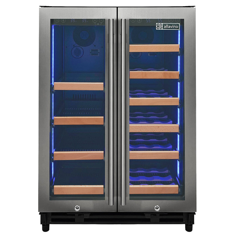 Reserva Series 24" Wide Two Door Stainless Steel Wine Refrigerator/Beverage Center with Wood Front Shelves Allavino