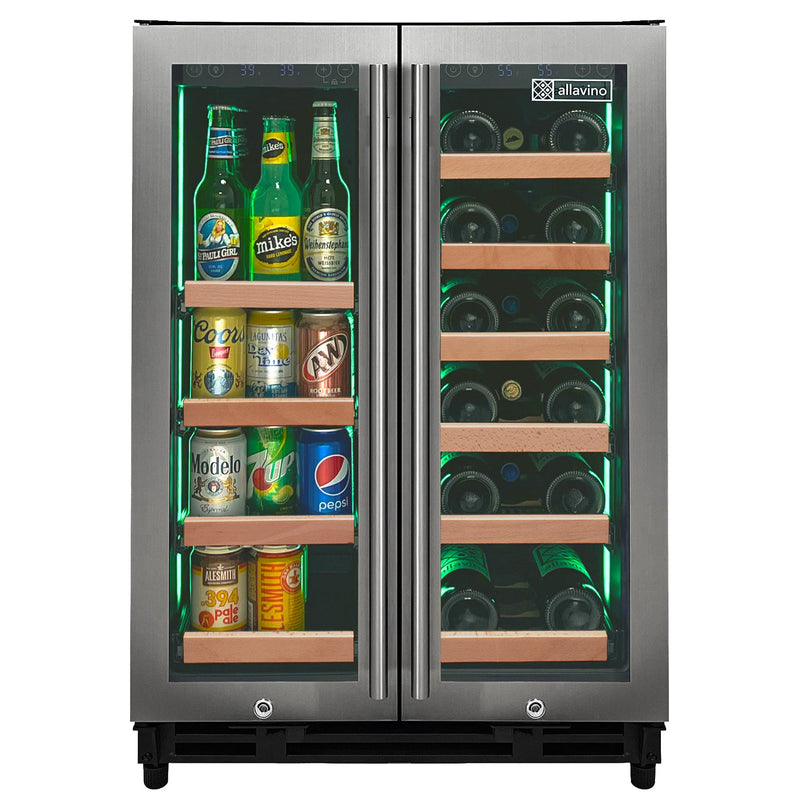 Reserva Series 24" Wide Two Door Stainless Steel Wine Refrigerator/Beverage Center with Wood Front Shelves Allavino