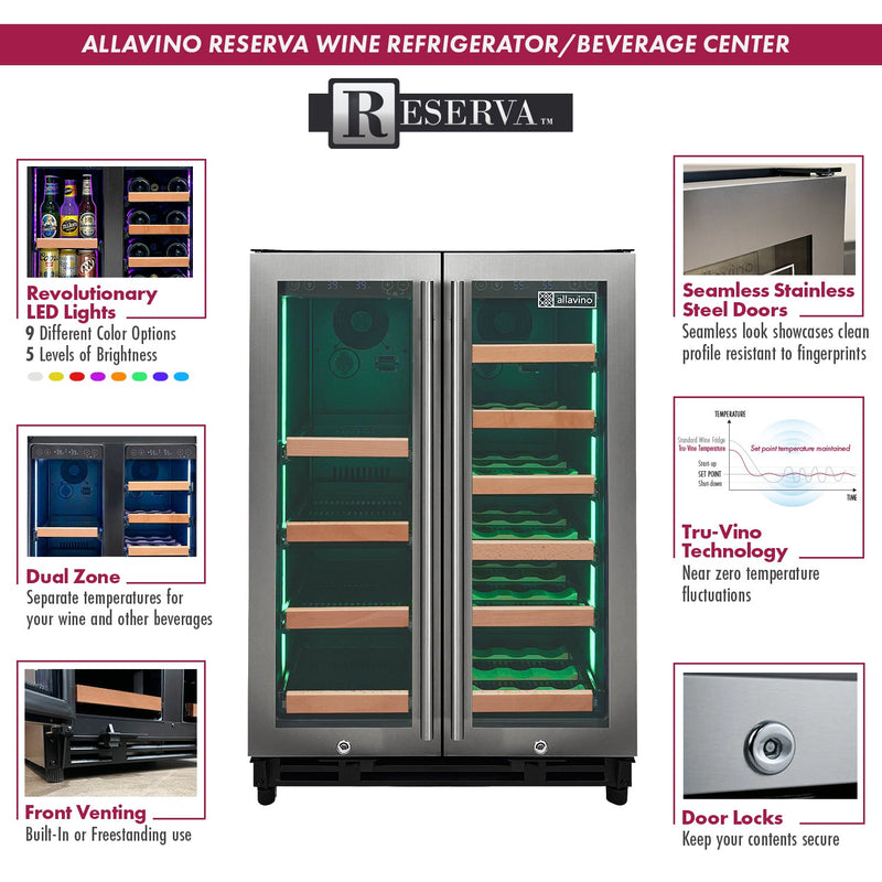 Reserva Series 24" Wide Two Door Stainless Steel Wine Refrigerator/Beverage Center with Wood Front Shelves Allavino