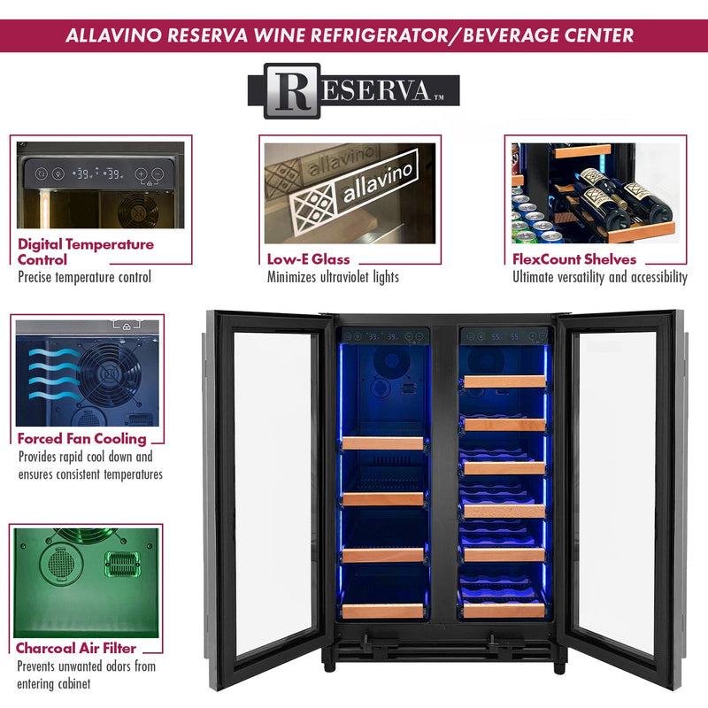 Reserva Series 24" Wide Two Door Stainless Steel Wine Refrigerator/Beverage Center with Wood Front Shelves Allavino