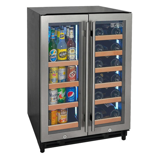 Reserva Series 24" Wide Two Door Stainless Steel Wine Refrigerator/Beverage Center with Wood Front Shelves Allavino