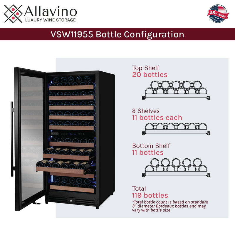 Reserva Series 119 Bottle 55" Semi Tall Dual Zone Left Hinge Black Metal Wine Refrigerator Allavino