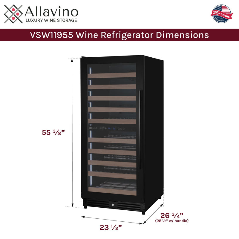 Reserva Series 119 Bottle 55" Semi Tall Dual Zone Left Hinge Black Metal Wine Refrigerator Allavino