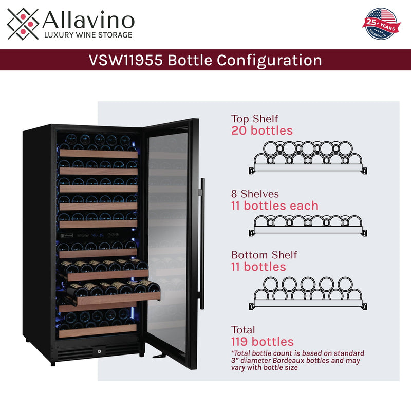 Reserva Series 119 Bottle 55" Semi Tall Dual Zone Right Hinge Black Metal Wine Refrigerator Allavino