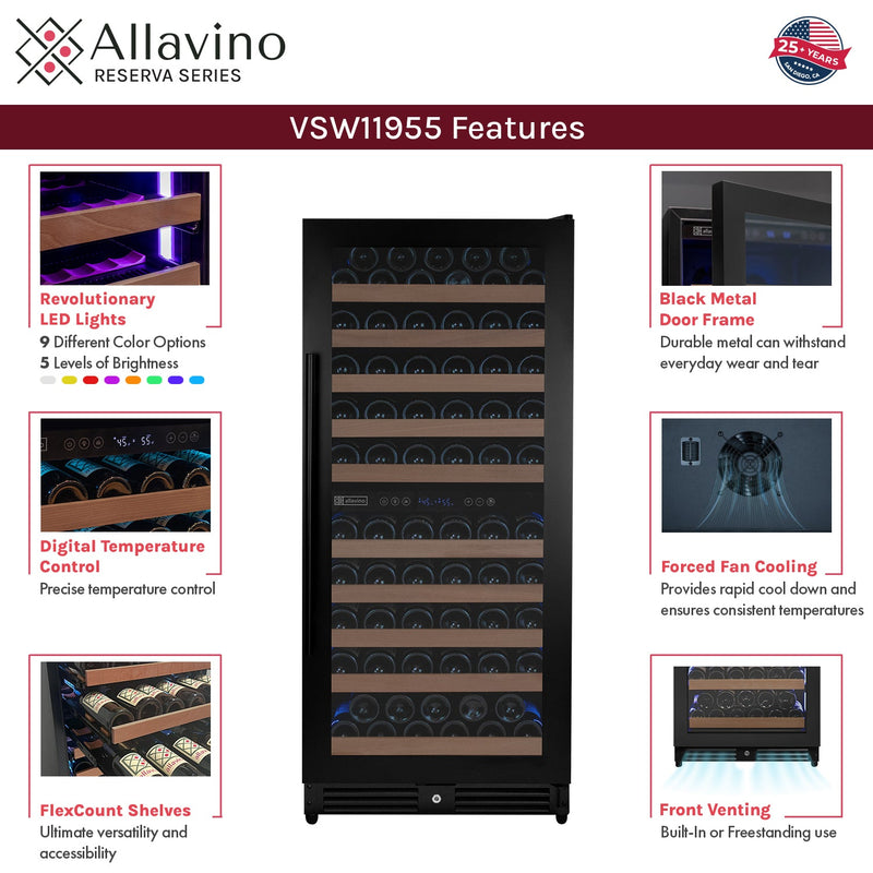 Reserva Series 119 Bottle 55" Semi Tall Dual Zone Right Hinge Black Metal Wine Refrigerator Allavino