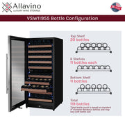 Reserva Series 119 Bottle 55" Tall Dual Zone Left Hinge Stainless Steel Wine Refrigerator Allavino