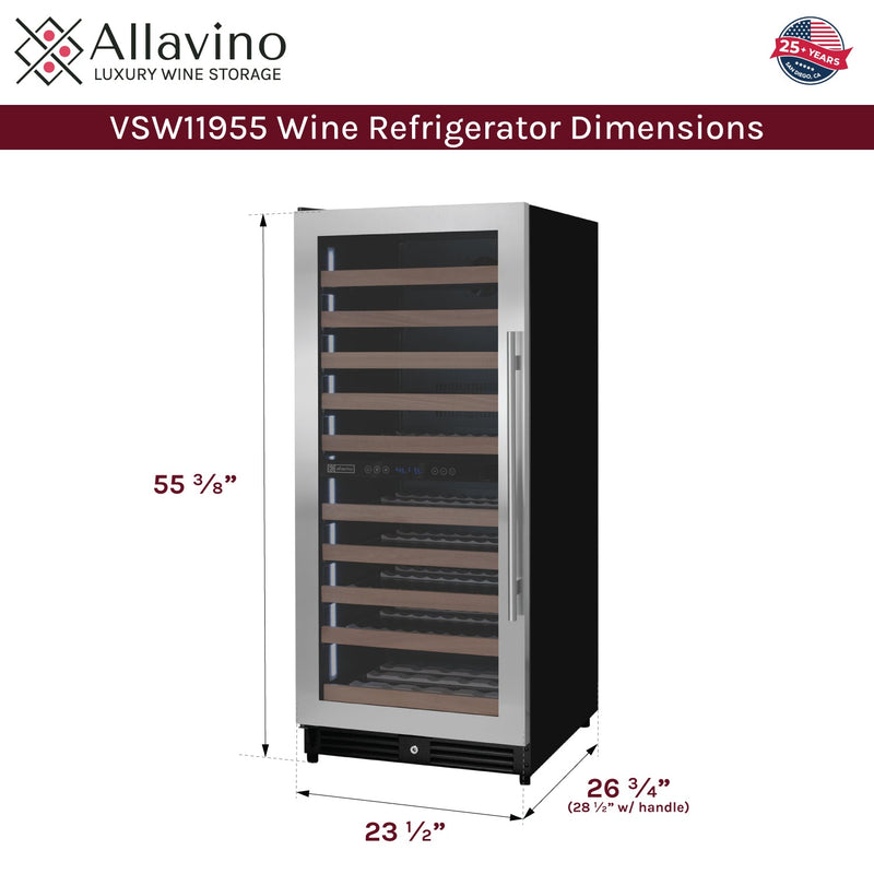Reserva Series 119 Bottle 55" Tall Dual Zone Left Hinge Stainless Steel Wine Refrigerator Allavino