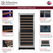 Reserva Series 119 Bottle 55" Tall Dual Zone Left Hinge Stainless Steel Wine Refrigerator Allavino
