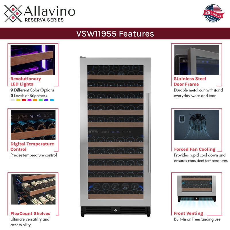 Reserva Series 119 Bottle 55" Tall Dual Zone Left Hinge Stainless Steel Wine Refrigerator Allavino