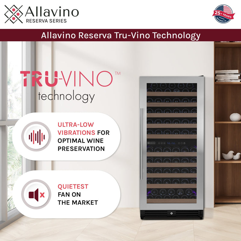 Reserva Series 119 Bottle 55" Tall Dual Zone Left Hinge Stainless Steel Wine Refrigerator Allavino