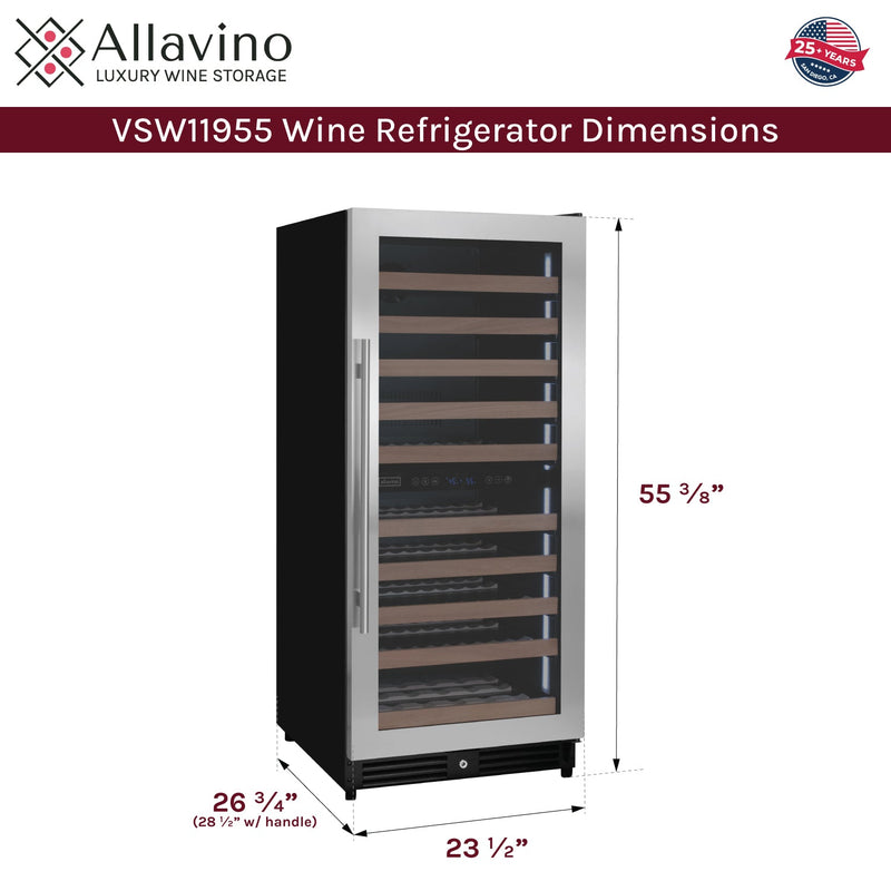 Reserva Series 119 Bottle 55" Tall Dual Zone Right Hinge Stainless Steel Wine Refrigerator Allavino
