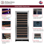 Reserva Series 119 Bottle 55" Tall Dual Zone Right Hinge Stainless Steel Wine Refrigerator Allavino