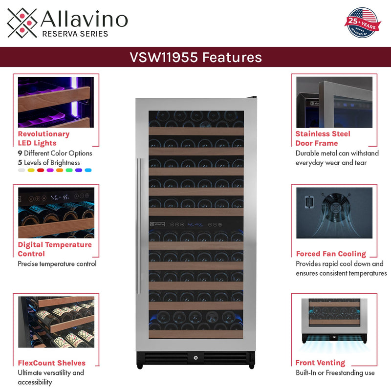 Reserva Series 119 Bottle 55" Tall Dual Zone Right Hinge Stainless Steel Wine Refrigerator Allavino