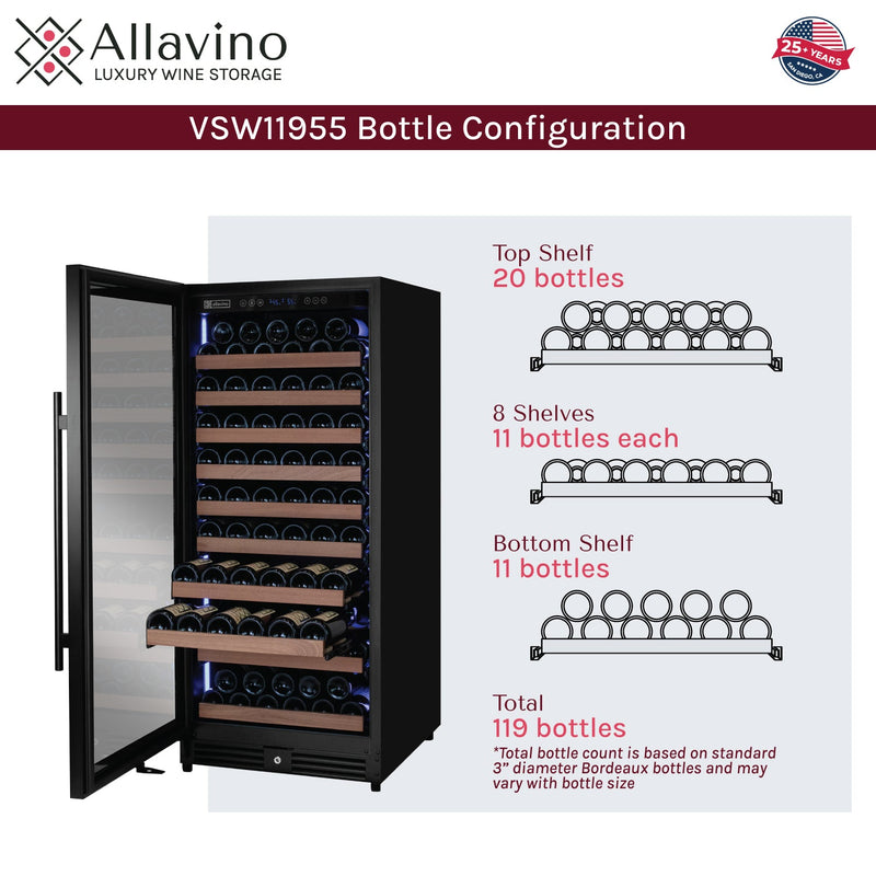 Reserva Series 119 Bottle 55" Semi Tall Single Zone Left Hinge Black Metal Wine Refrigerator Allavino