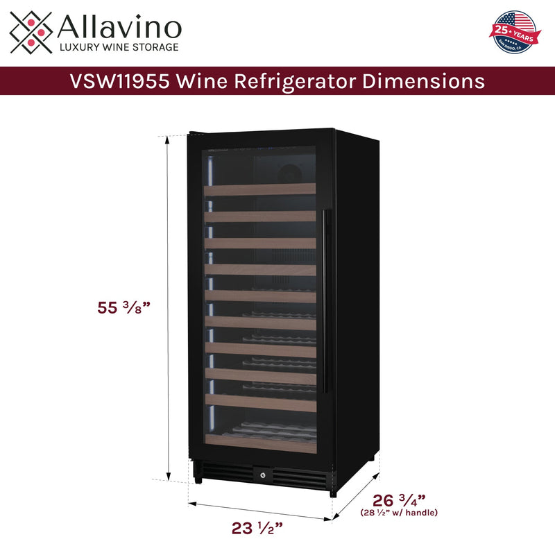 Reserva Series 119 Bottle 55" Semi Tall Single Zone Left Hinge Black Metal Wine Refrigerator Allavino