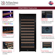 Reserva Series 119 Bottle 55" Semi Tall Single Zone Left Hinge Black Metal Wine Refrigerator Allavino