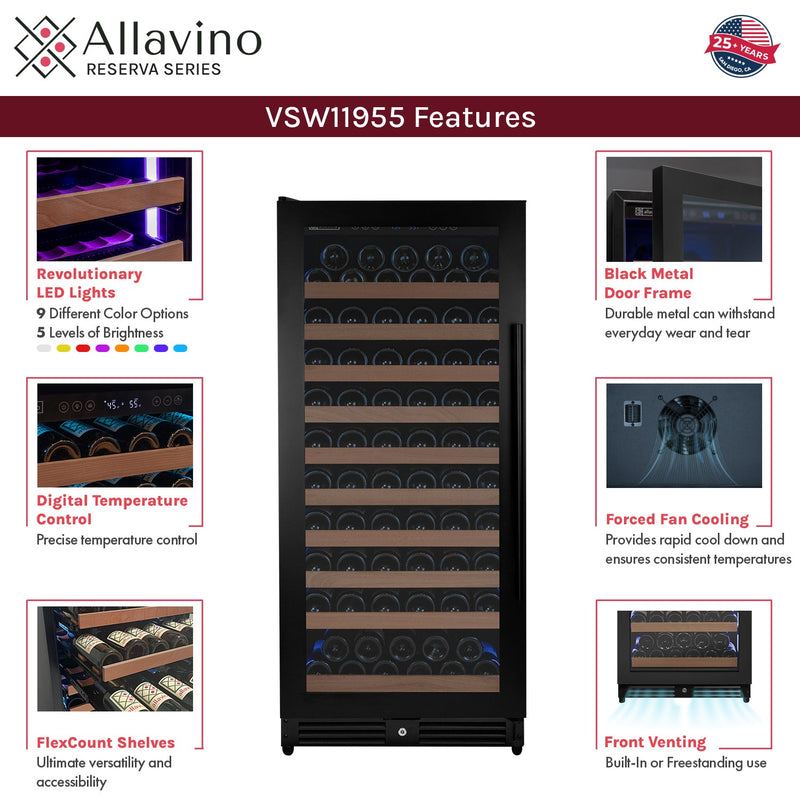Reserva Series 119 Bottle 55" Semi Tall Single Zone Left Hinge Black Metal Wine Refrigerator Allavino