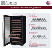 Reserva Series 119 Bottle 55" Tall Single Zone Left Hinge Stainless Steel Wine Refrigerator Allavino