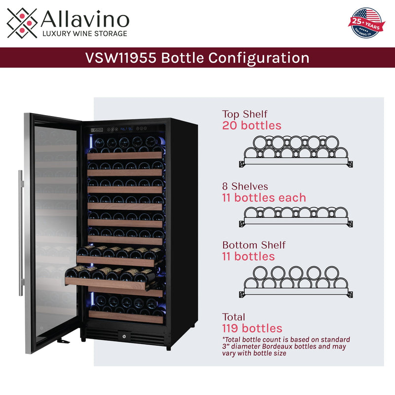 Reserva Series 119 Bottle 55" Tall Single Zone Left Hinge Stainless Steel Wine Refrigerator Allavino