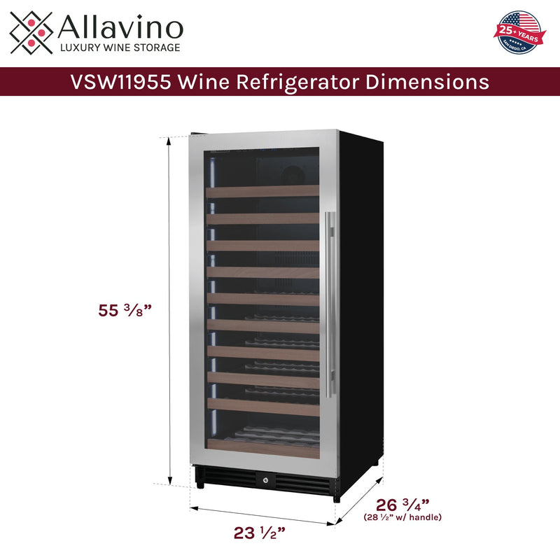 Reserva Series 119 Bottle 55" Tall Single Zone Left Hinge Stainless Steel Wine Refrigerator Allavino