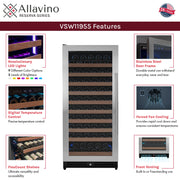 Reserva Series 119 Bottle 55" Tall Single Zone Left Hinge Stainless Steel Wine Refrigerator Allavino