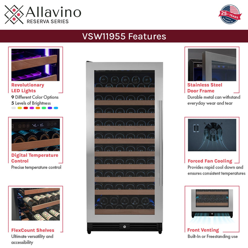 Reserva Series 119 Bottle 55" Tall Single Zone Left Hinge Stainless Steel Wine Refrigerator Allavino