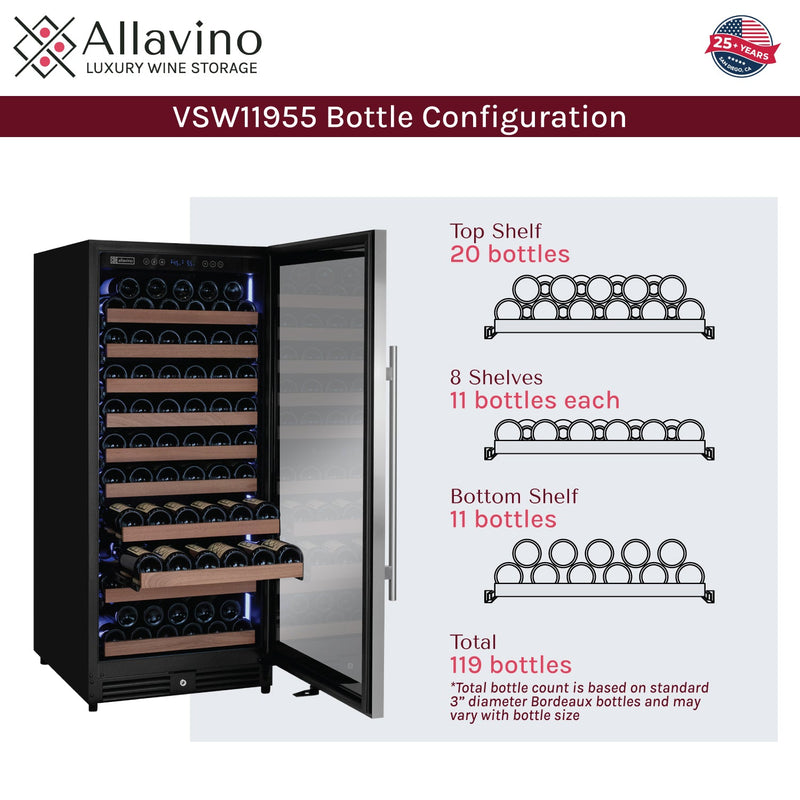 Reserva Series 119 Bottle 55" Tall Single Zone Right Hinge Stainless Steel Wine Refrigerator Allavino