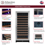 Reserva Series 119 Bottle 55" Tall Single Zone Right Hinge Stainless Steel Wine Refrigerator Allavino