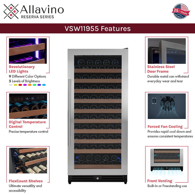 Reserva Series 119 Bottle 55" Tall Single Zone Right Hinge Stainless Steel Wine Refrigerator Allavino