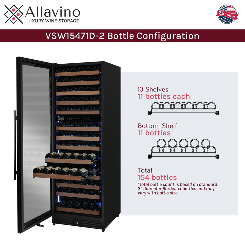 Reserva Series 154 Bottle 71" Tall Dual Zone Built-in Left Hinge Wine Refrigerator with Black Metal Door Allavino